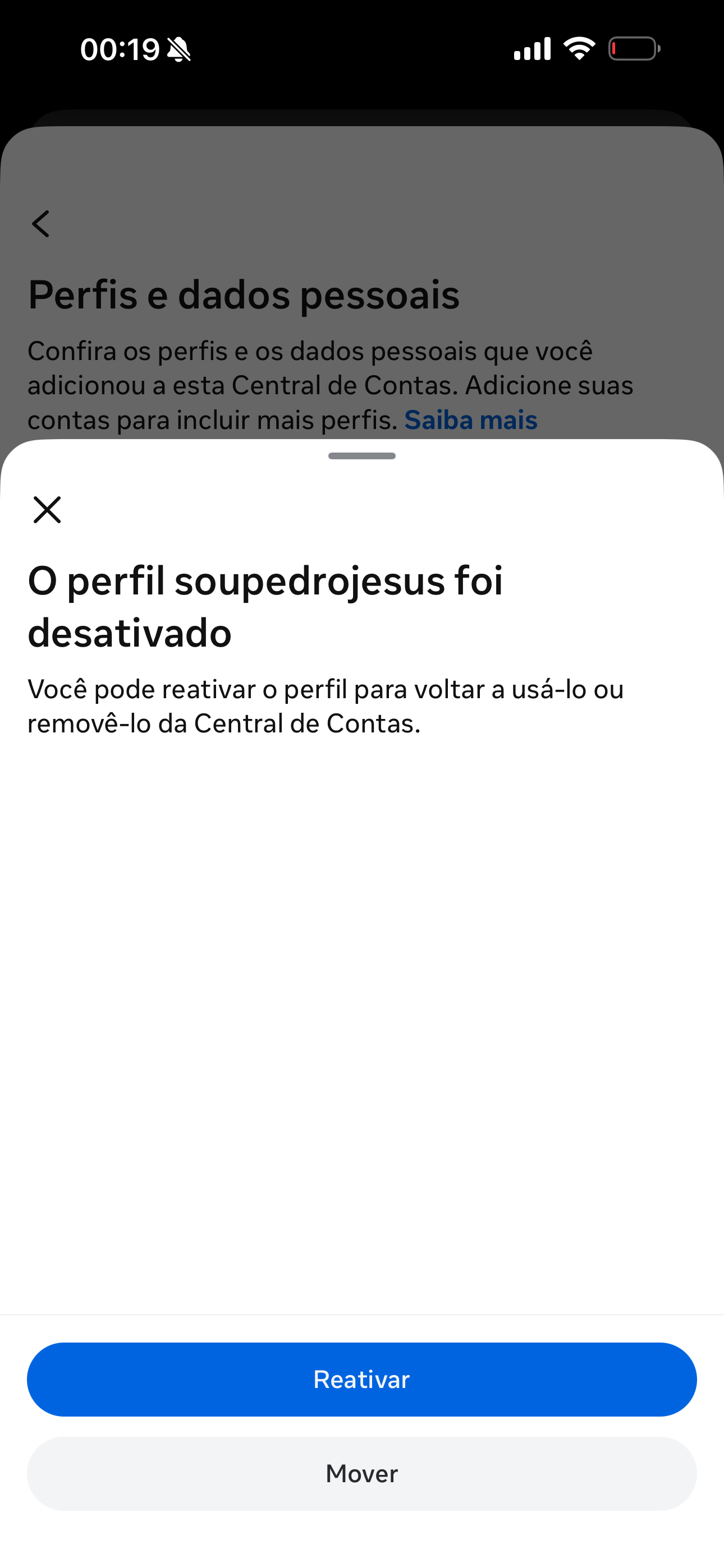 Tela mostrando perfil do Instagram desativado pela Meta